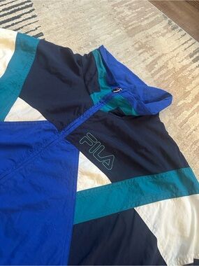 FILA Colorblock Windbreaker Jacket in Blue Teal Navy Vintage 90s Large